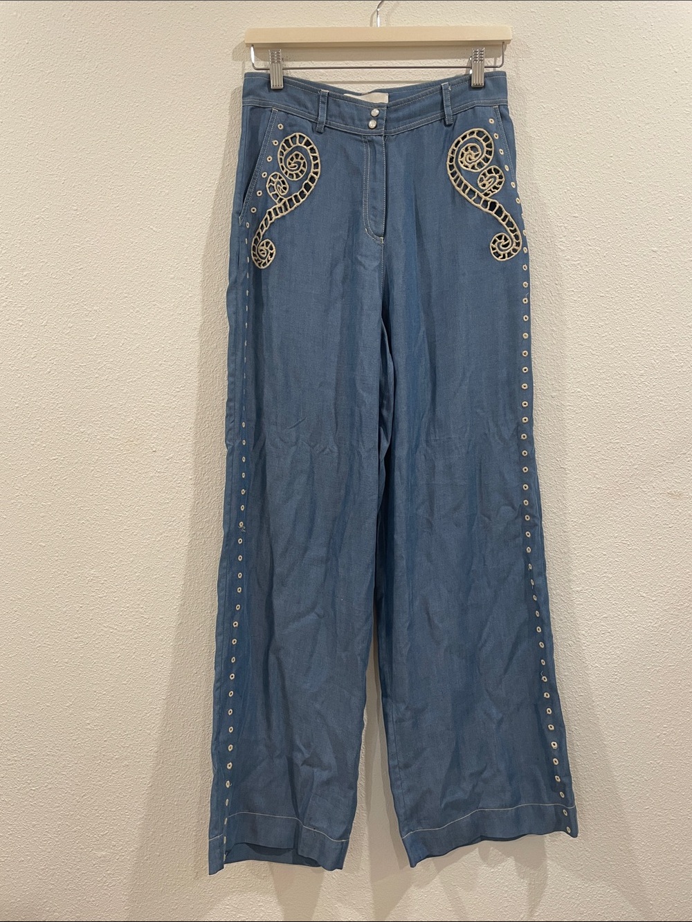 Carolina K Blue Denim Chambray Embellished Cut-Out Wide-Leg Pants Designer Boho
